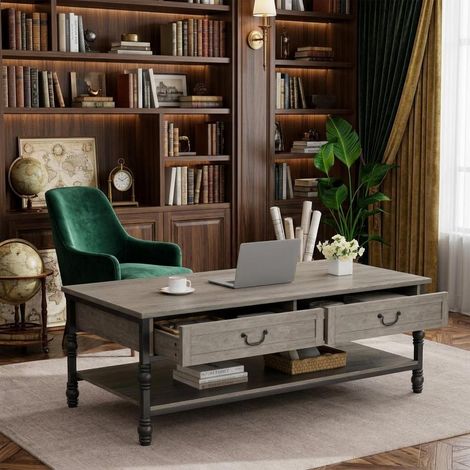 Table basse 104 cm 2 tiroirs – bois rustique vintage (1/5)