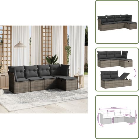 5-tlg. Garten-Sofagarnitur mit Kissen Grau Poly Rattan - Gartensortiment - Gartenmöbelset - Outdoor Sofa - Lounge Set - Rattan Gartenmöbel (1/5)