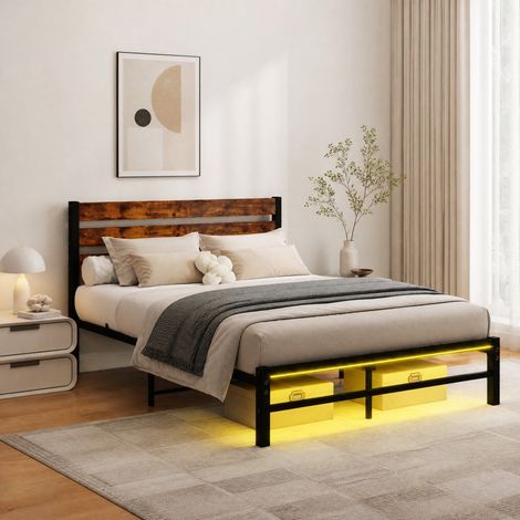 Lit 120x200 métal MDF avec rangement brun HAVRYA (1/5)
