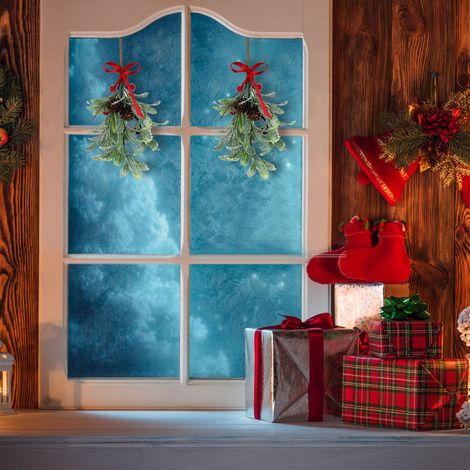 Lot de 5 pièces, ruban rouge inclus, modèle B, feuilles de gui artificiel pour déco de Noël 28 cm, plastique, fil métallique et mousse. (1/4)