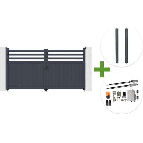Portail battant 3m NEVIS H.160cm aluminium gris + 2 poteaux ELDA aluminium gris 15x15cm + motorisation Tanker B250 (1/5)
