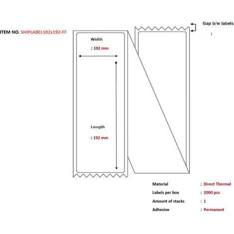 Etichette di spedizione 102 x 192 mm, piegate a ventaglio. Termiche. 2000 etichette per scatola, SHIPLABEL102X192-FF