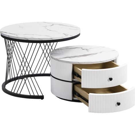 Ensemble de 2 tables basses rondes blanches avec plateau effet marbre brillant, 60x60x46 cm & 50x50x31 cm, 2 tiroirs, charge max 30 kg (1/5)