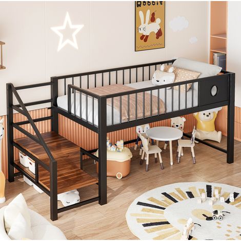 Cama alta infantil con escalera de almacenaje negra OKMYHOME (1/5)