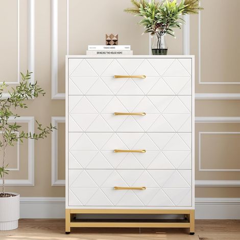 Commode avec 4 tiroirs, Commode Chambre, Meuble de Rangement, Meuble Chambre, Commode 4 tiroirs, Armoire à tiroirs pour Cuisine, Bureau, Couloir,90x60x40cm,blanc (1/5)