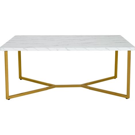 GOPLUS Table Basse en Marbré 107x60x45cm Charge 75KG-Cadre en Métal en Forme de X-Blanc+Or (1/5)