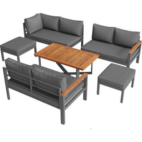 Conjunto de Jardín de 8 Plazas en Metal y Poliéster con Mesa, 3 Sofás, 2 Taburetes y Cojines Gruesos, Gris (1/5)