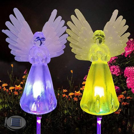 Lampe Solaire Extérieur Jardin, Lampes LED Anges Multicolores Energie Solaires, Lumières éclairage de Pieu Changement Couleur Décoratives,  Lot de 2