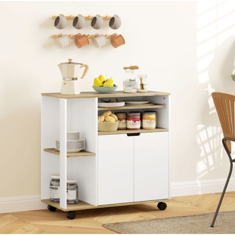 MODFU – Carrello cucina su ruote 80x40x82 cm in legno con piano di lavoro, vano chiuso, mensole, portata 40 kg e 2 ruote frenate – Legno naturale e bianco (1/5)