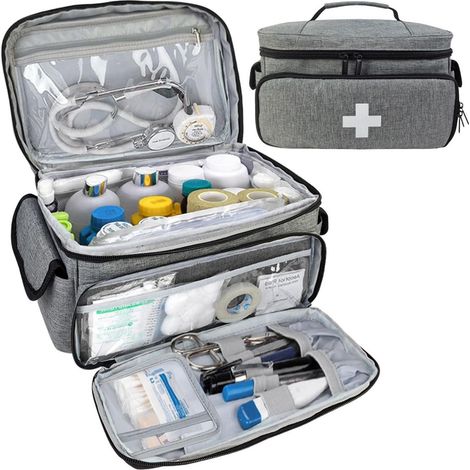 Arzttasche Medizintasche mit vielen Fächern, Reiseapotheke, Grau