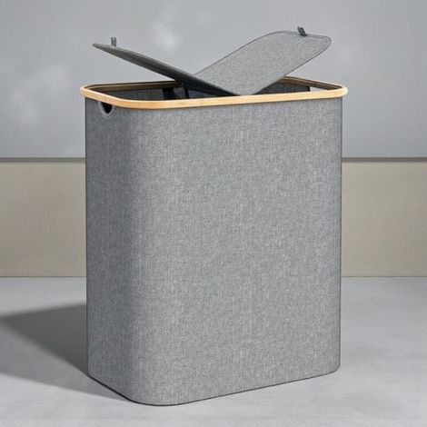 Cesto Portabiancheria Pieghevole 54x33x53cm Grigio Bambù con Coperchio 87742