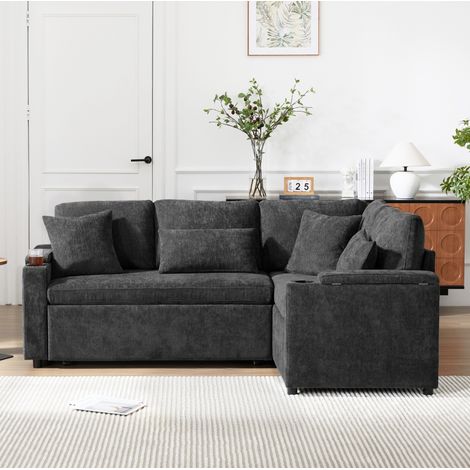 Sofá chaise longue en L convertible con almacenaje, portavasos y USB, gris oscuro (1/5)