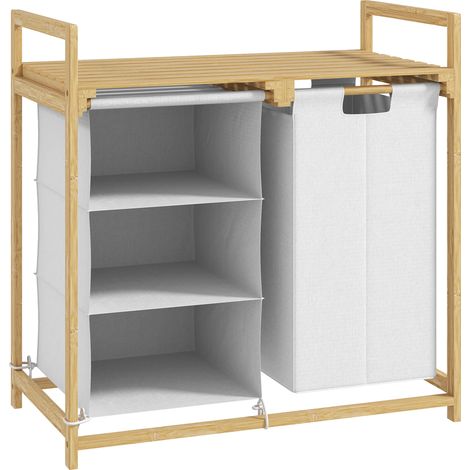 Cesto para la ropa sucia de bambú blanco con 2 bolsas extraíbles y 4 compartimentos (1/5)