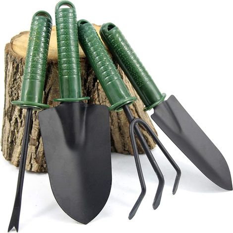 Kit de jardinage 4 pièces : mini pelle, râteau à fleurs, pelle à rempotage et fourchette pour balcon, pots, plantes et semis. Couleurs : vert et noir.