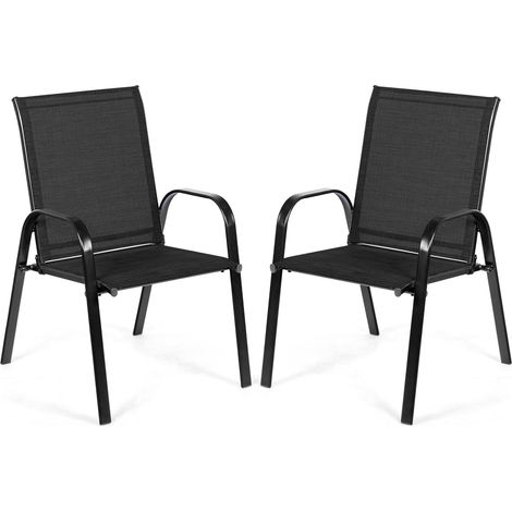 COSTWAY Conjunto de 2 Sillas Jardín Exterior Textilene, Sillas Terraza Exterior con Reposabrazos Curvos, Tela Fácil de Secar, Marco de Metal Reforzado, Asiento Ancho y Cómodo (Negro) (1/5)