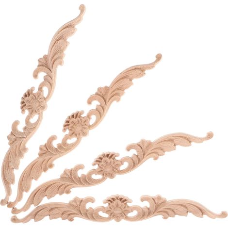 Lot de 4 appliques en bois sculptées, non peintes, 20 x 2,5 x 0,8 cm, style européen, sculpture sur bois, meubles, porte, décoration faite maison (1/5)