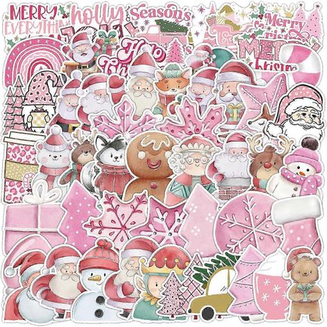 Autocollants de Noël roses (lot de 50) - Décorations de Noël imperméables pour bouteilles d'eau, scrapbooking, ordinateur portable, 4-8 cm (1/5)