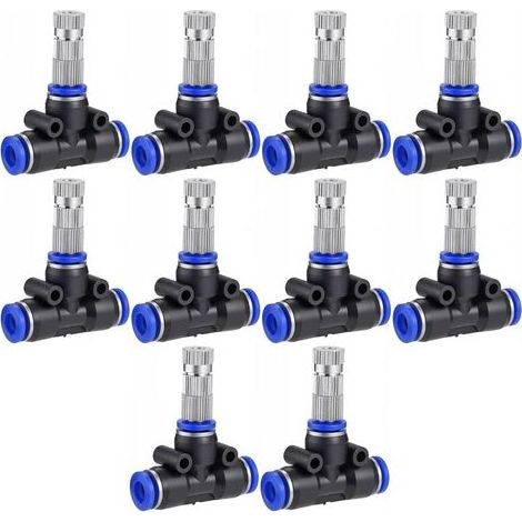 Lot de 10 buses de pulvérisation en laiton avec raccord en T de 6 mm pour tuyau d'eau - Tête de rechange pour système d'arrosage extérieur - Ouverture de 0,5 mm (1/5)