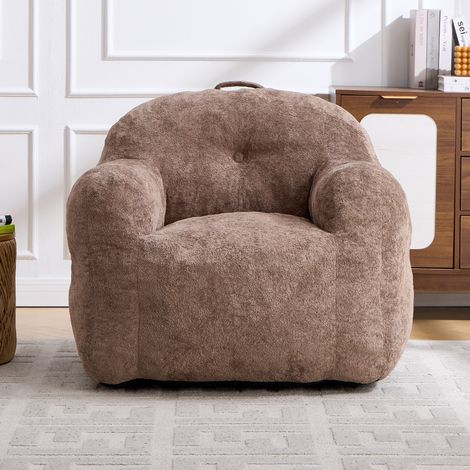 Pouf garni de mousse déchiquetée, canapé pouf en fausse fourrure avec accoudoirs, idéal pour le salon, la chambre et la lecture, aucun montage requis, kaki (1/4)