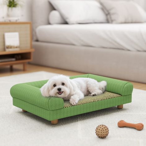Sofá/Cama elevada para perros/gatos, asiento de moqueta fresca, reposabrazos, terciopelo suave, 63 x 41 x 17 cm, verde (1/5)
