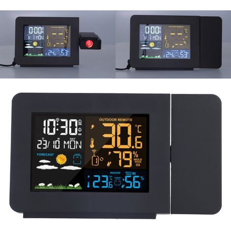 Multifunktionaler Projektionswecker, Wetteruhr, elektronische Farbbildschirm-Projektionsuhr mit Wettervorhersage, Innen- und Außentemperatur und Luftfeuchtigkeit, europäischer Standard 220V schwarz. (1/5)