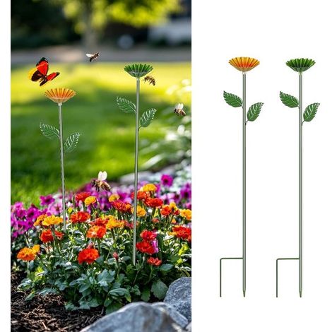 Lot de 2 stations d'eau pour abeilles, décoration de jardin en métal sur piquet, abreuvoir pour abeilles et papillons, piquets faits main, jaune et vert (1/5)