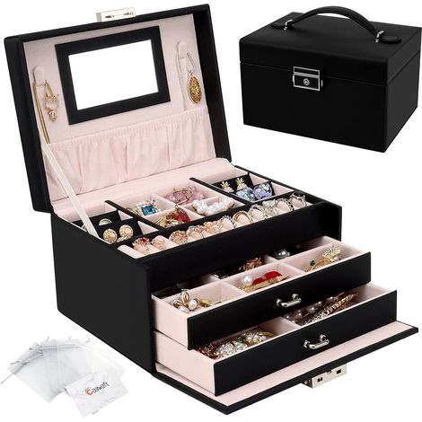 Boîte à Bijoux, Coffret à Bijoux avec Miroir et 2 Tiroirs, Rangement Bijoux Coffret Bijoux Verrouillable de Voyage à 3 Couches, Organisateur de Bijoux pour Colliers, Bagues, Noir (1/5)