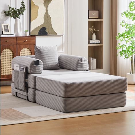 Canapé modulable gris clair en velours côtelé avec pouf, structure métal, coussin et poche (1/5)