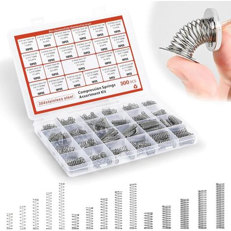 Surtido de 300 resortes de compresión, 23 tamaños diferentes, mini resortes de acero inoxidable 304, longitud de 10 a 30 mm para reemplazo y reparación. (1/5)