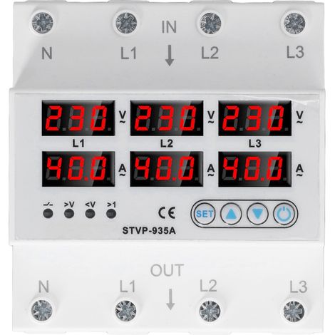 Relais de protection contre les surtensions et les surintensités, triphasé, à affichage numérique et à récupération automatique, 220-380 V CA, 40 A (1-40 A). (1/5)