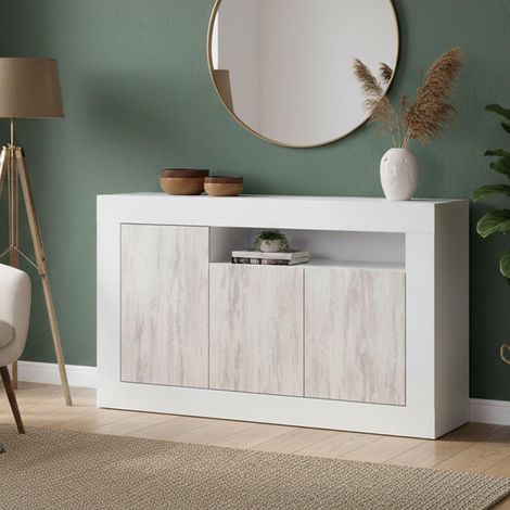 Buffet haut Thornton, Buffet moderne à 3 portes, Buffet meuble TV salon, cm 144x42h87, Blanc (1/5)