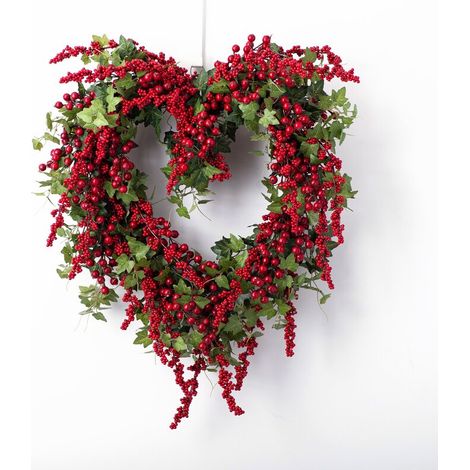 Guirlande Cœur - Décoration Porte d'Entrée - Feuillage Vert et Baies Rouges - Pour Saint-Valentin, Printemps, Mariage, Décor Intérieur Extérieur - 1 Pièce (1/5)