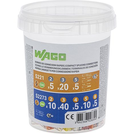 Wago – Pot de 100 bornes de connexion automatique S221 et S2273 – CAGE CLAMP® et PUSH WIRE® – 400V 32A et 24A – Pour fils rigides et souples