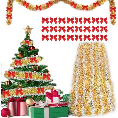 Guirlande de sapin 10m avec 24 nœuds rouges de Noël, décoration dorée pour intérieur et extérieur