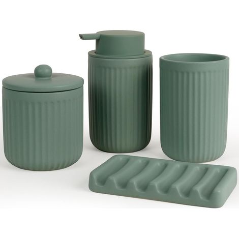 Lot de 4 accessoires de salle de bain en céramique - Vert - Distributeur de savon de 350 ml - Gobelet à brosse à dents - Porte-savon et cotons-tiges - Accessoires de salle de bain (1/5)