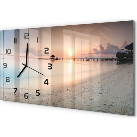 Horloge Murale Salle à Manger 60x30 cm Verre Trempé Design Contemporain Plage des Maldives (1/5)