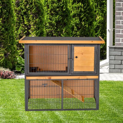 Cage lapins 2 étages bois 89, 5x45x81 cm, toit bitume, enclos extérieur, rampe, porte verrouillable, jaune pâle