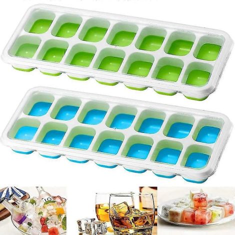 2 bacs à glaçons en silicone avec couvercles, 14 compartiments - Bleu et vert (1/5)