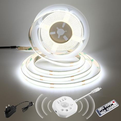 Ruban LED COB Détecteur de Mouvement, 24V Ruban LED Blanc Froid, Marche/arrêt Autom, 4 Modes minuterie, Jour/Nuit, Bande LED Activée Mouvement pour escaliers, lits, Armoires et Cuisines, 3m, 6000K (1/5)