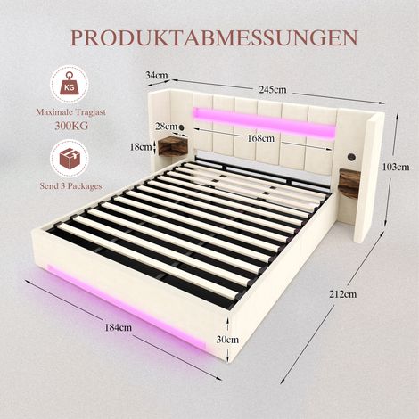 Cadre de lit en velours 180×200 cm avec tête de lit large, rangement hydraulique, éclairage LED, 2 ports USB, armoire rétro et doublure non tissée (1/4)