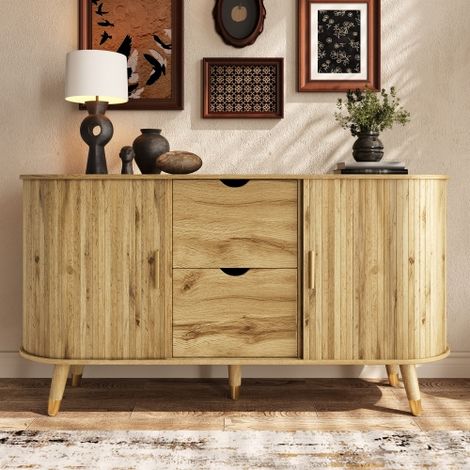 Buffet au grain vertical, avec deux portes coulissantes, deux tiroirs, des pieds en bois massif et un meuble d'angle arrondi, pour le salon (1/5)