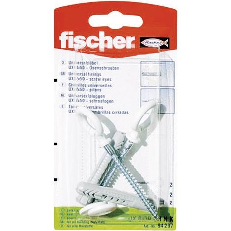 Fischer 2x Universaldübel  UX 8x50  R OH  N con  bordo e  vite ad  occhiello rivestita  in nylon  - 94297