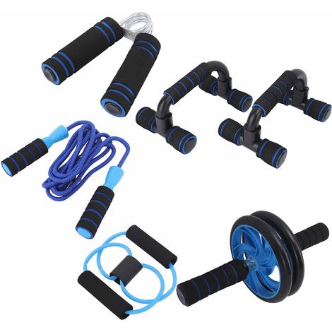 Kit de roue abdominale avec roue d'exercice, tapis pour les genoux, tire-abdominaux, corde à sauter, appareil de renforcement de la prise en main, barre de pompes, kit d'équipement d'entraînement abdo (1/5)