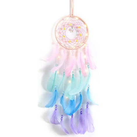 Attrape-rêves lumineux avec plumes colorées, tissé à la main, décoration murale pour chambre, rose, 1 pièce (1/5)
