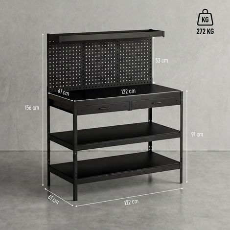 Établi avec étagères réglables, poste de travail robuste avec panneau perforé et 2 tiroirs, 122 x 61 x 156 cm, noir (1/5)