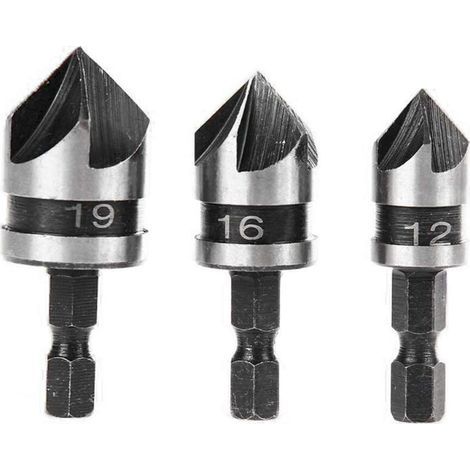 Set di 3 punte per smussatura a 90° con 5 taglienti per legno e metallo, punte per smussatura a cambio rapido in acciaio al carbonio (attacco esagonale da 1/4"), punte per smussatura per legno, 12/16/ (1/5)