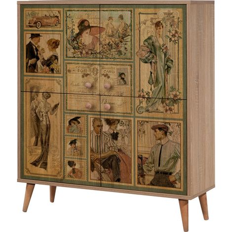 Les Tendances – Buffet 4 portes en bois mélaminé naturel – Dimensions L 95 x H 111 x P 36 cm – Poignées en métal – Étagères intérieures ajustables (1/5)