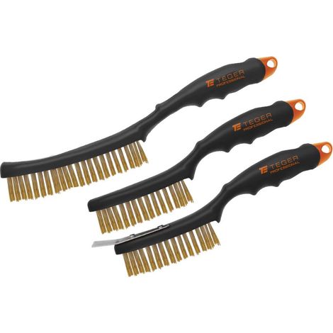 Set professionale di spazzole metalliche per la rimozione della ruggine, filo di ottone, fila da 3/4, con raschietto, con manico in plastica, (3 pezzi), Teger (1/3)