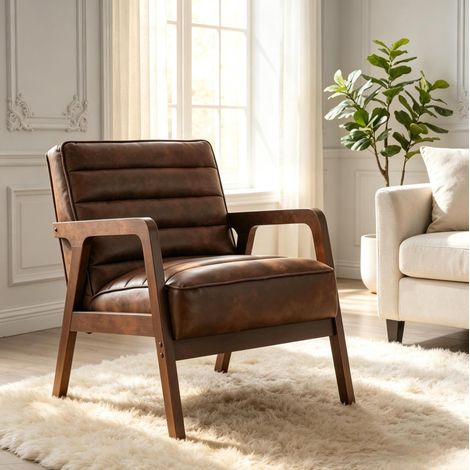Fauteuil salon rembourré en PU, assise large, coussin épais, brun antique OKMYHOME (1/5)