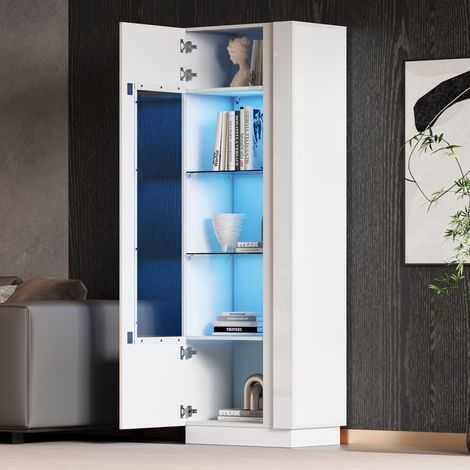 Vitrina con puertas acrílicas, iluminación LED, estantes de cristal de 3 niveles, blanca, 60x40x180 cm